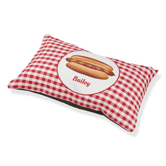 Hot Dog On Red Gingham With Custom Name Pet Bed (Angled)