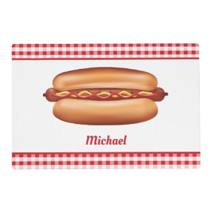 Hot Dog On Red Gingham With Custom Name Placemat