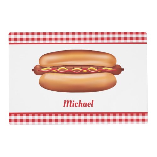 Hot Dog On Red Gingham With Custom Name Placemat