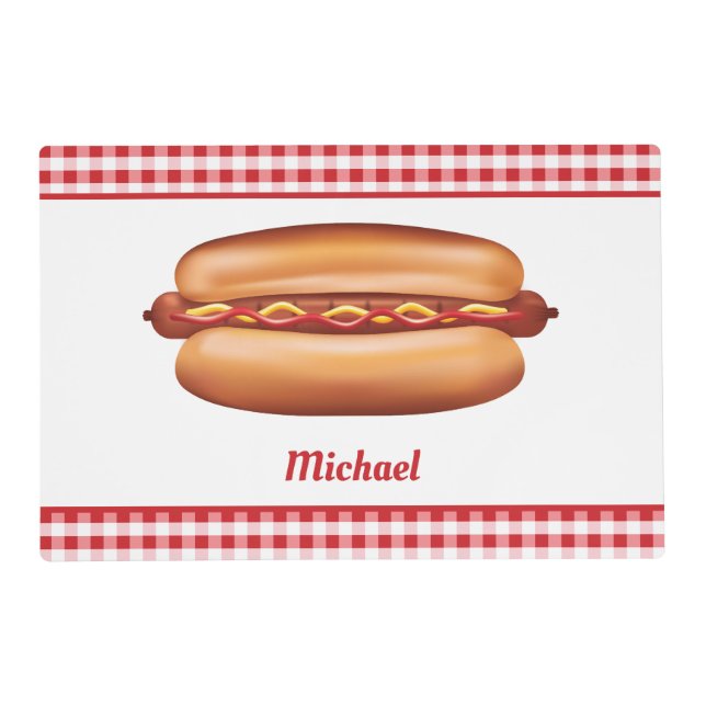 Hot Dog On Red Gingham With Custom Name Placemat (Front)