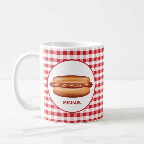 Hot Dog On Red Gingham With Custom Text Coffee Mug