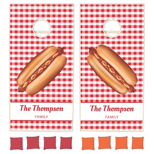 Hot Dog On Red Gingham With Custom Text Cornhole Set
