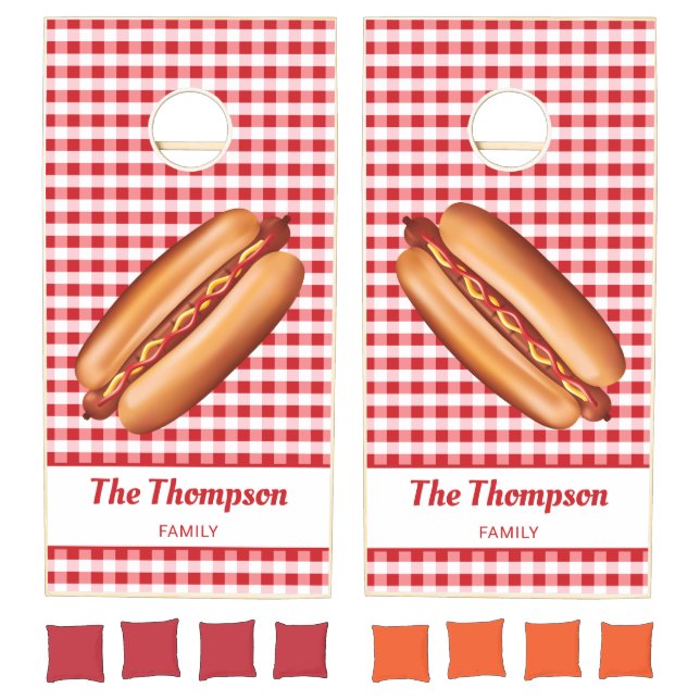 Hot Dog On Red Gingham With Custom Text Cornhole Set (Set)