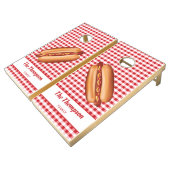 Hot Dog On Red Gingham With Custom Text Cornhole Set (Angled)