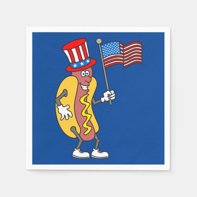 Hot Dog Patriotic Holding US Flag July 4th Napkins (Front)