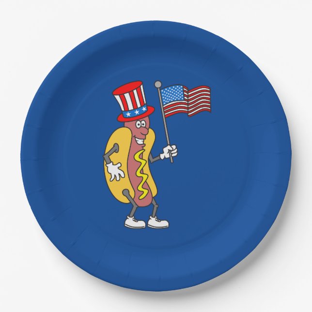 Hot Dog Patriotic Holding US Flag July 4th Paper Plates (Front)
