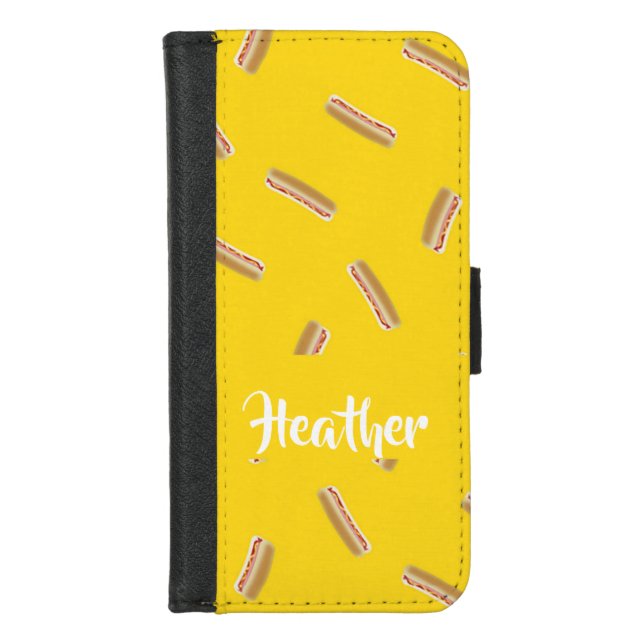Hot dog pattern on yellow iPhone wallet case (Front)