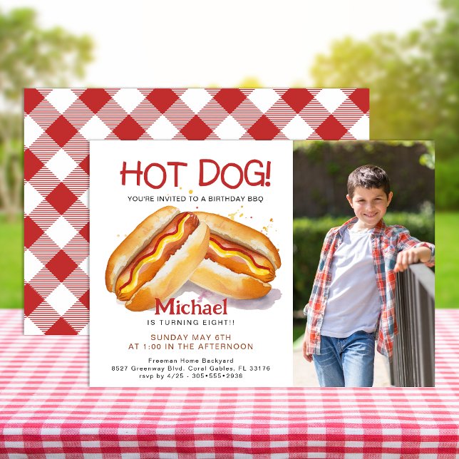 Hot Dog Photo Birthday Invitation – Kids Backyard  (Photo Hot Dog Cookout Birthday Invite)