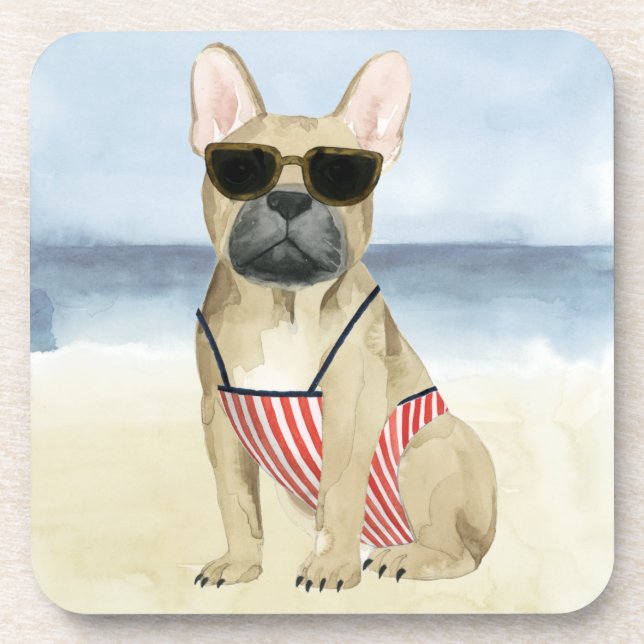Hot Dog | Puppy In Sunglasses At The Beach Beverage Coaster (Front)