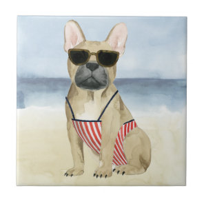 Hot Dog | Puppy In Sunglasses At The Beach Ceramic Tile