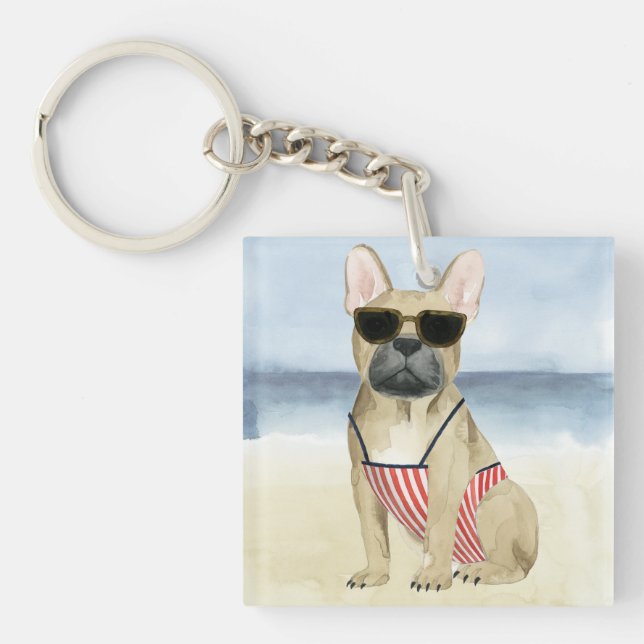 Hot Dog | Puppy In Sunglasses At The Beach Keychain (Front)