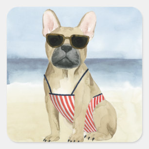 Hot Dog Puppy In Sunglasses At The Beach Square Sticker