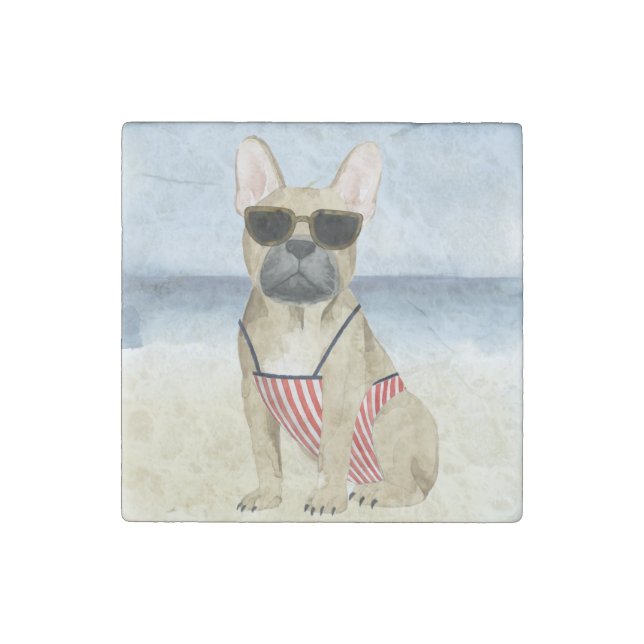 Hot Dog | Puppy In Sunglasses At The Beach Stone Magnet (Front)