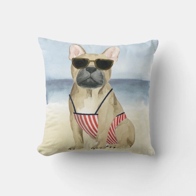 Hot Dog | Puppy In Sunglasses At The Beach Throw Pillow (Front)