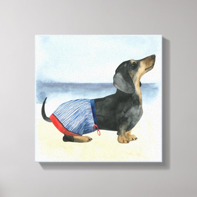 Hot Dog | Puppy In Swimming Trunks Canvas Print (Front)