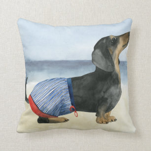 Hot Dog Puppy In Swimming Trunks Throw Pillow