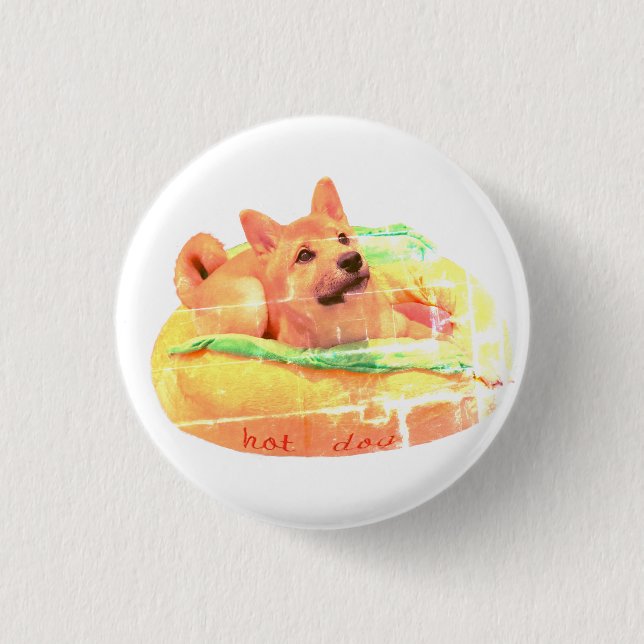 Hot Dog Shiba Badge Pinback Button (Front)