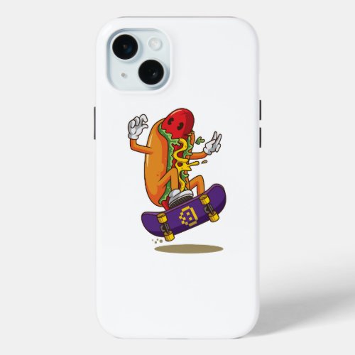 Hot_dog_skateboarding_cartoon_illustration iPhone 15 Plus Case