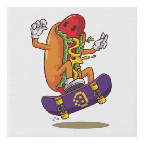 Hot_dog_skateboarding_cartoon_illustration Faux Canvas Print