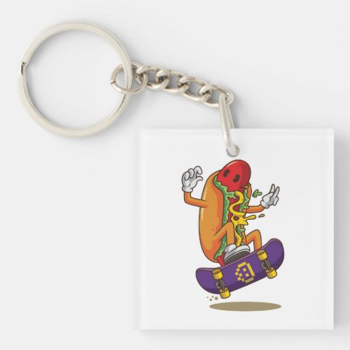 Hot_dog_skateboarding_cartoon_illustration Keychain