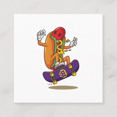 Hot_dog_skateboarding_cartoon_illustration Square Business Card