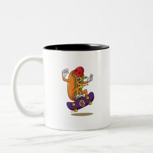 Hot_dog_skateboarding_cartoon_illustration Two_Tone Coffee Mug