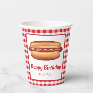 Hot Dog Snack On Red Gingham Happy Birthday Paper Cups