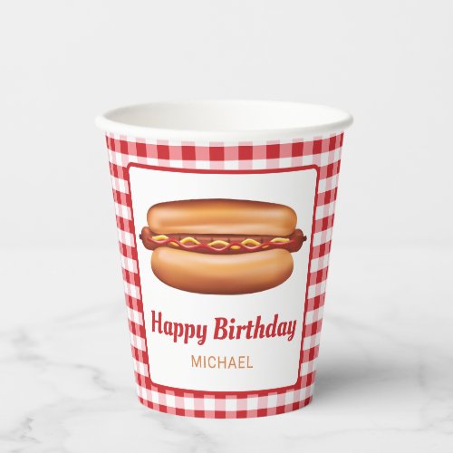 Hot Dog Snack On Red Gingham Happy Birthday Paper Cups