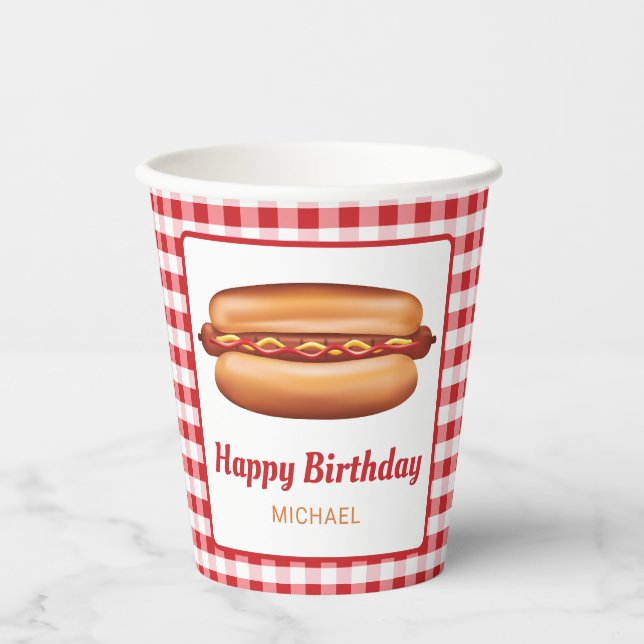 Hot Dog Snack On Red Gingham Happy Birthday Paper Cups (Front)