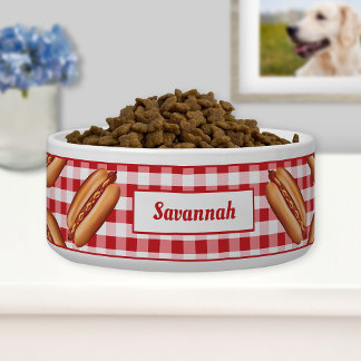 Hot Dog Snacks On Red Gingham And Custom Text Bowl