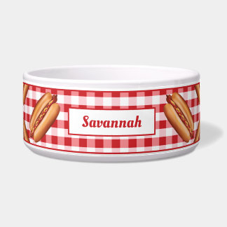Hot Dog Snacks On Red Gingham And Custom Text Bowl