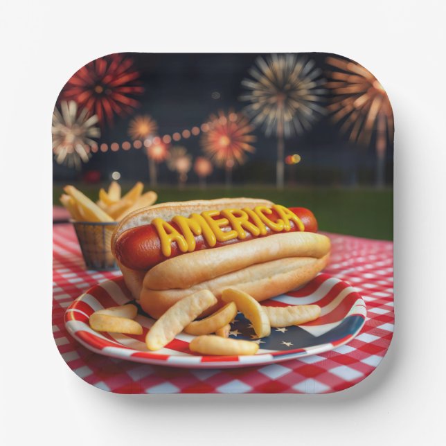 Hot Dog With America Text and Fireworks Paper Plates (Front)