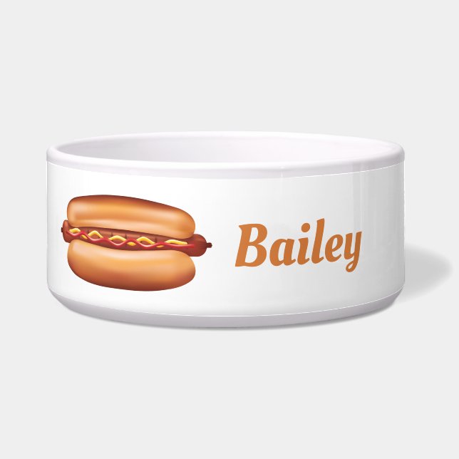 Hot Dog With Condiments And Custom Pet Name Bowl (Front)