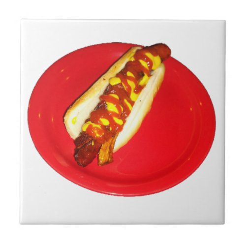 Hot Dog with Ketchup and Mustard Ceramic Tile