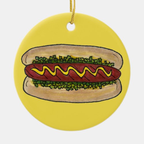 Hot Dog with Mustard and Relish Cookout Hotdog Ceramic Ornament