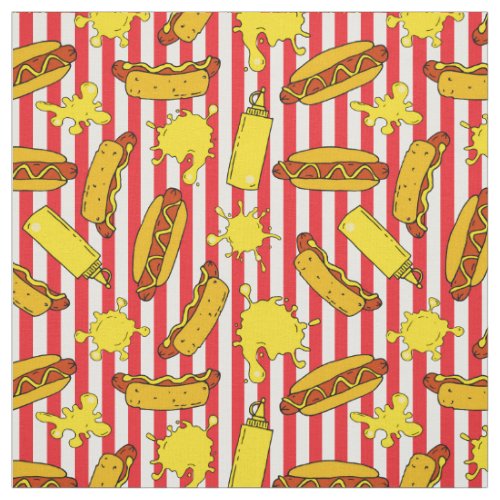 Hot Dogs and Mustard on Red White Stripes Take Out Fabric
