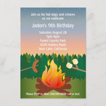 Hot Dogs And Smores Campfire Birthday Party Invitation by adams_apple at Zazzle