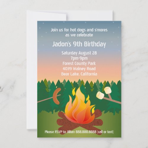 Hot Dogs and Smores Campfire Birthday Party Invitation