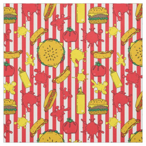 Hot Dogs Burgers Barbecue Grill Red White Stripes Fabric