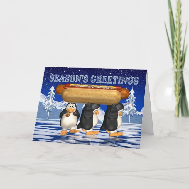 Hot Dogs, Onions, Bun, Christmas Card - Penguins (Front)
