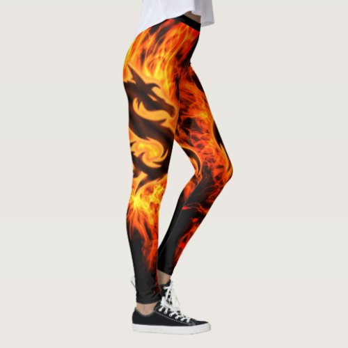 Hot Dragon Fire Orange Flames on Black Womens Leggings