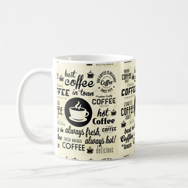 Hot Fresh Coffee Mug (A close-up shot of a coffee mug adorned with various playful typography!)
