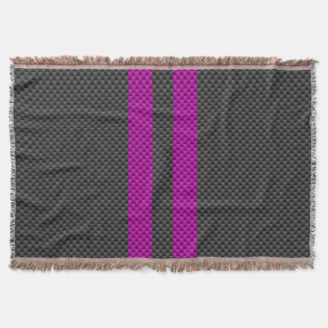 Hot Fuchsia Pink Racing Stripes Carbon Fiber Style Throw Blanket (Front)