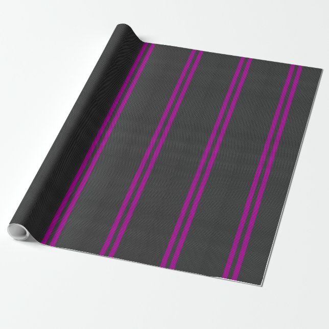 Hot Fuchsia Pink Racing Stripes Carbon Fiber Style Wrapping Paper (Unrolled)