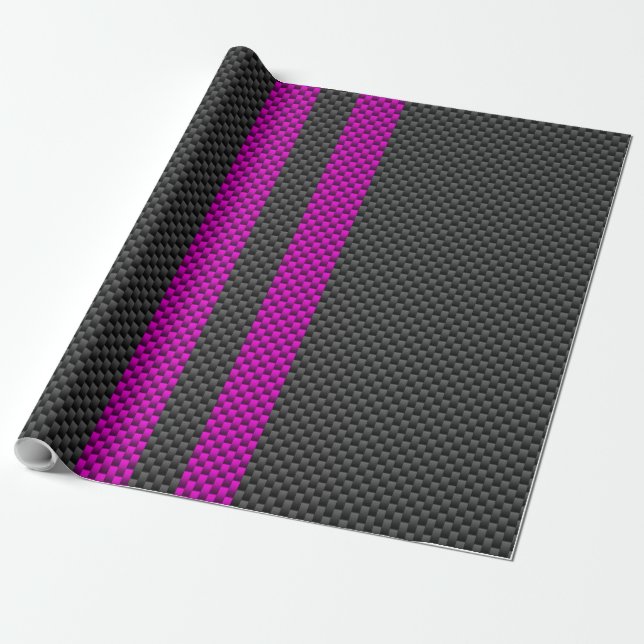 Hot Fuchsia Pink Racing Stripes Carbon Fiber Style Wrapping Paper (Unrolled)