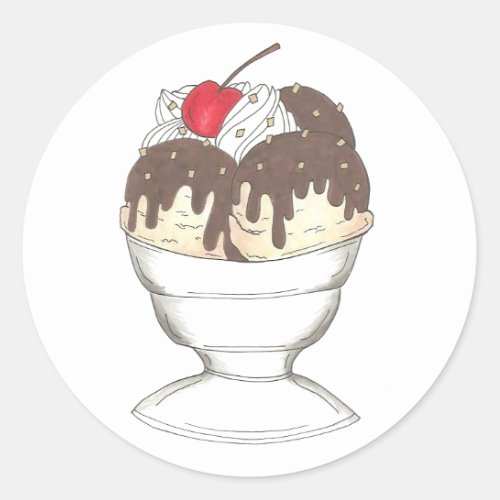 Hot Fudge Ice Cream Sundae Cherry Dessert Foodie Classic Round Sticker