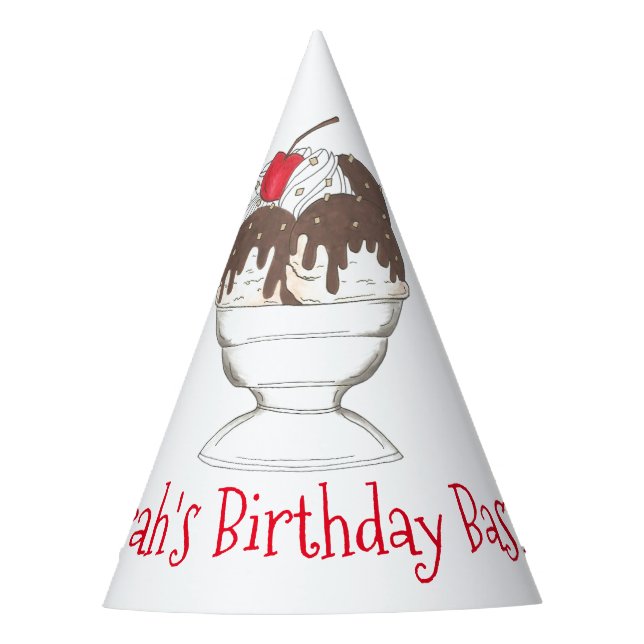 Hot Fudge Ice Cream Sundae Personalized Birthday Party Hat (Front)
