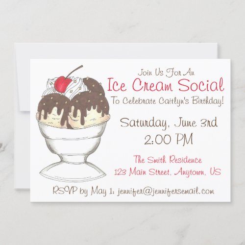 Hot Fudge Sundae Ice Cream Social Birthday Party Invitation