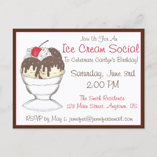 Hot Fudge Sundae Ice Cream Social Birthday Party Invitation Postcard