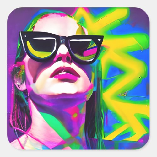 Hot Girl in Sunglasses Unique Modern Art Square Sticker